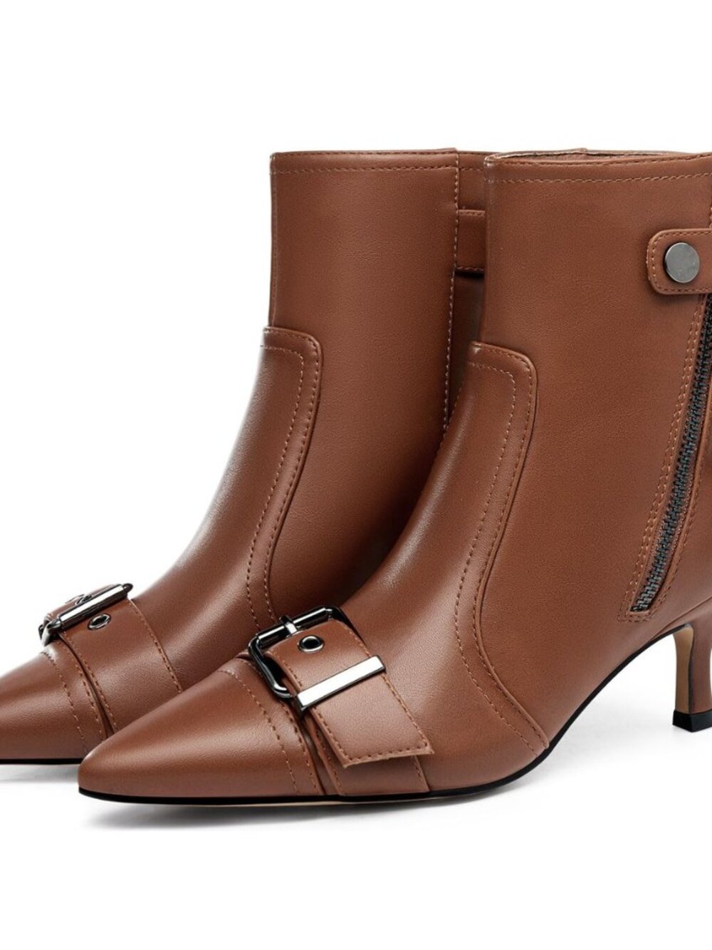 Womens Kitten Heel Ankle Boots Pointed Toe Buckle Side Zipper Tassel Fall Winter